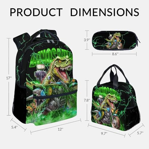 Backpack with Lunch Box, Dinosaur Backpacks for Boys, 17 Inch Kids School Bag Set, Motorcycle Bookbags for Elementary School2