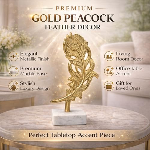Image of CraftVatika Decorative Showpiece for Home Decor, Home Decoration Items for Living Room, Metal Golden Feather for Tabletop Office Decor Birthday Wedding Housewarming for Woman Man