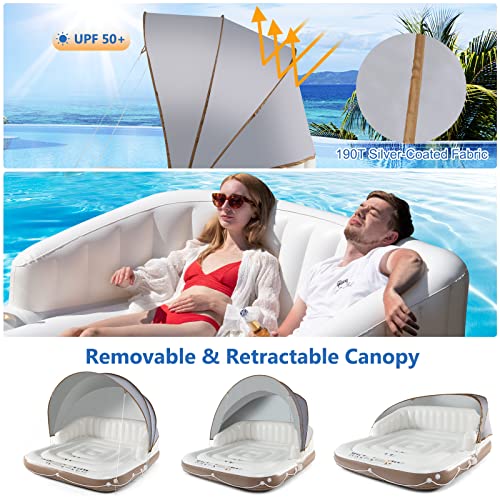 Image of S AFSTAR 2-3 Person Inflatable Pool Float, 71 inchx71 inch Giant Inflatable Island Bed with UPF50 Retractable Canopy & Built-in Cup Holder, Load 440LBS, Blow-up Floating Lounge Island for Pool Lake Beach
