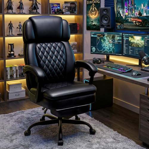 Image of 400lbs Executive Office Chair with Foot Rest for Heavy People, Ergonomic Big and Tall Desk Chair with Adjustable Headrest, High Back PU Leather Comfy Heavy Duty Computer Chair with Spring Cushion