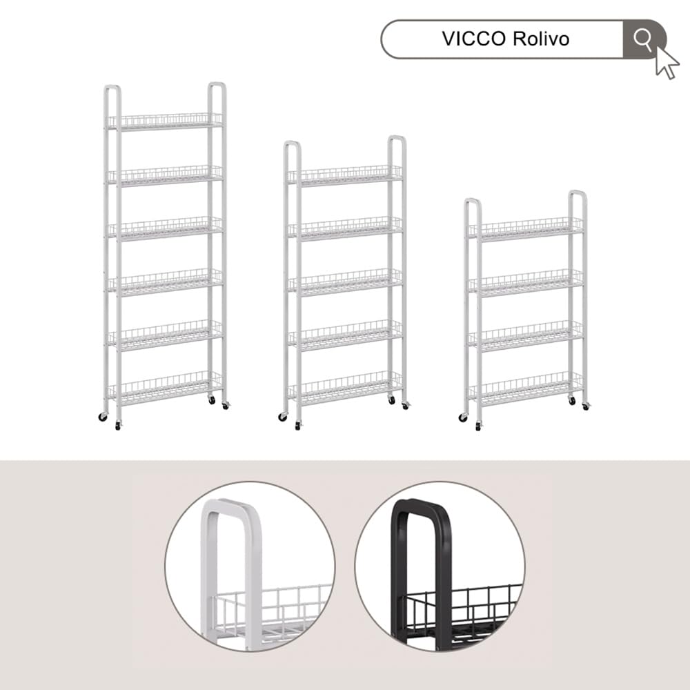 Vicco Piedistallo mobile Rolivo, Nero, 58 x 15 cm con 6 scomparti, posizionabile in modo flessibile su ruote per spazi stretti