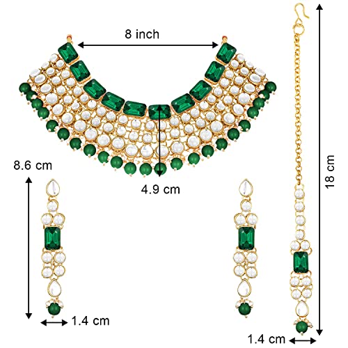 Aheli Faux Kundan Choker Necklace with Earring Maang Tikka Indian Traditional Bollywood Ethnic Bridal Jewelry Set Gift for Women and Green4