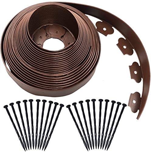 40 Ft Landscape Edging Kit, Brown Garden Edging Border with 40 Edging Garden Stakes, Plastic Landscaping Edging Roll for Flower Bed Lawn Driveway Yard