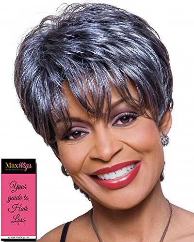 Kathy Wig Color 3T34 - Foxy Silver Wigs Short Textured Pixie Tapered Layers Wispy Bangs African American Lightweight Average Cap Bundle w/MaxWigs Hairloss Booklet