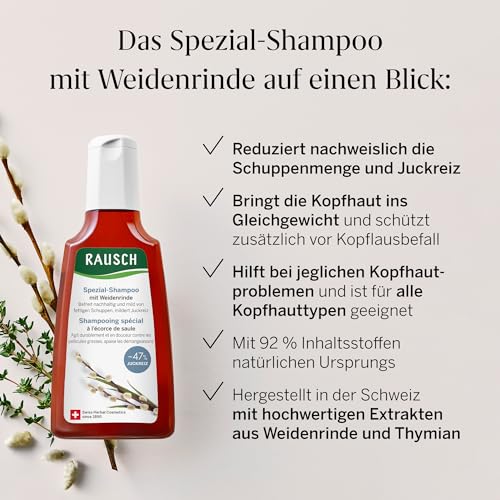 RAUSCH Spezial-Shampoo mit Weidenrinde 200 ml – milde Reinigung bei fettigen Schuppen & juckender Kopfhaut – vegan - ohne Silikone, hergestellt in der Schweiz mit Weidenrinden- & Thymian-Extrakt