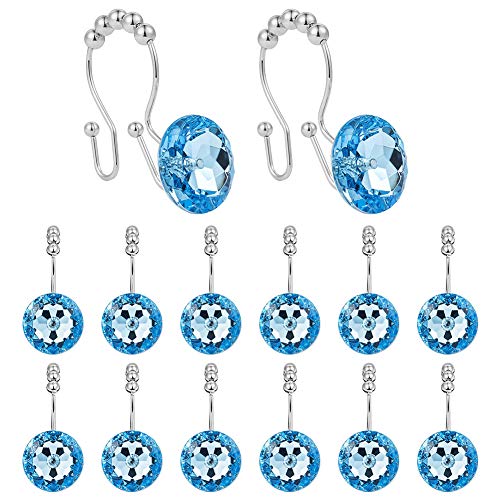 COOLPEEN Lot de 12 Crochets de Rideau de Douche, Anneau de Crochet de Rideau de Douche en Acier Inoxydable, Anneau de Douche Décoratif en Strass en Cristal(Bleu) Cover