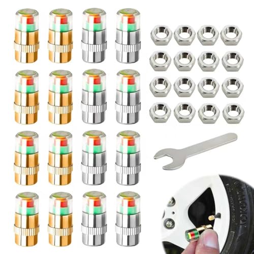 Wshxjzyay 16 Pack Car Tire Pressure Monitor Valve Stem Caps, 2.4Bar 36PSI Tire Pressure Caps, with 3-Color Indicator Light for Warning, Compatible with Most Cars (Silver and Gold)