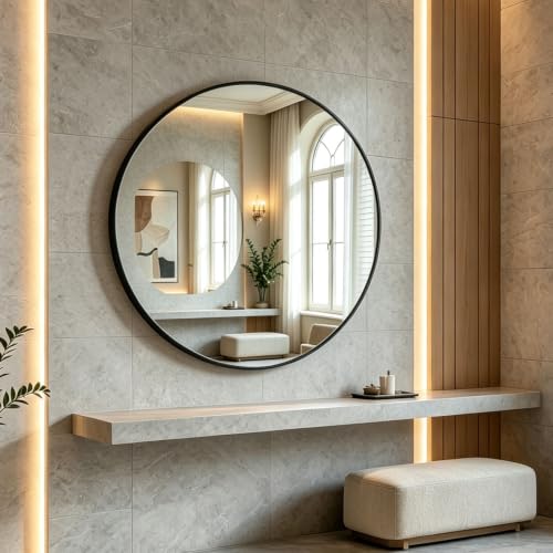 DUMOS 20 Inch Round Wall Mirror, Bathroom Mirror for Over Sink, Black