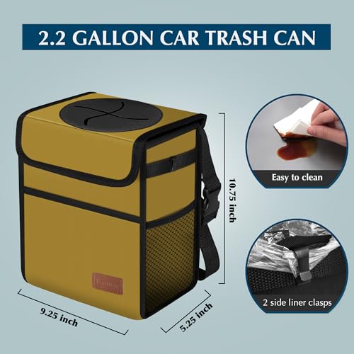 Image of Femuar Car Trash Can with Lid - Leak Proof, Waterproof Garbage Can for SUV Front Seat, Multipurpose Car Hanging for Headrest, Collapsible and Portable with Storage Mesh Pocket, Khaki
