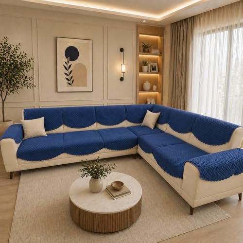 Image of BLUSH & BLOOM 7 Seater L-Shape Sofa Cover, Quilted Texture, Sectional Couch Protector for Living Room-Pack of 14 (Navy Blue)