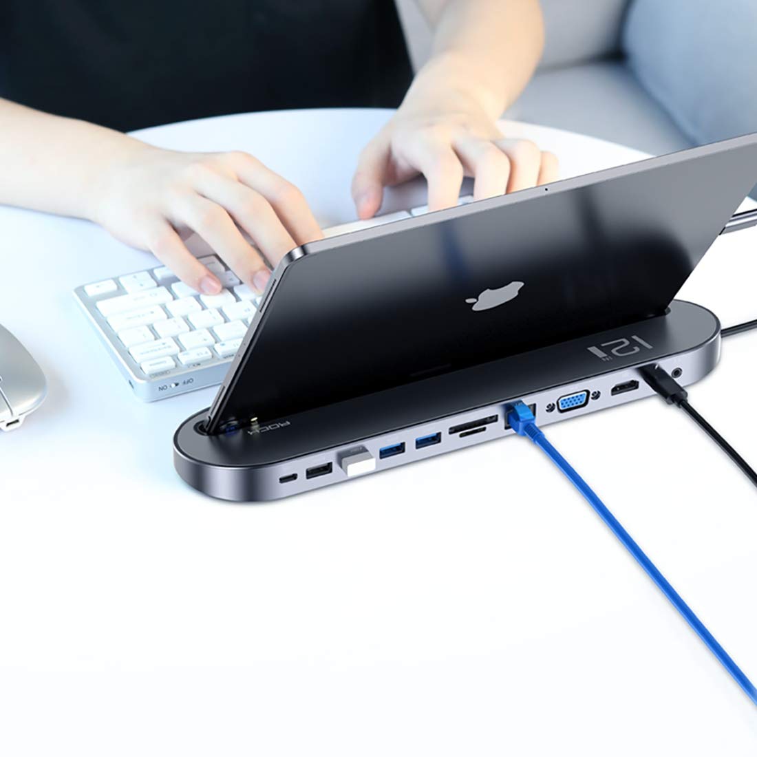 HUB USB Docking Station Splitter Multi-Function HUB Laptop Stand Base 12 in 1 USB 3-C/Type-C + 2 USB 2.0 + 2 USB 3.0 + Porta RJ45 Ethernet Gigabit + VGA + HDMI con TF Card SD/Slot & 3.5mm Jack DAT