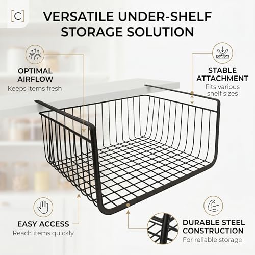 Image of Styleys Black Under Cabinet Storage Basket - Set of 3 Metal Wire Organizers with Dual Fit Hooks (15.5 inch) S11027