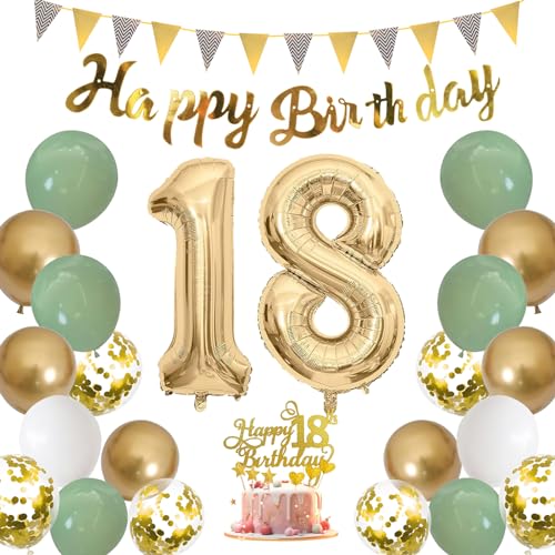 Moorle Geburtstag Mädchen Deko 18 Geburtstag Salbei Grün 18 Geburtstag Frau Luftballons Grün Weiß Gold Party Ballons mit Banner Tortendeko 18