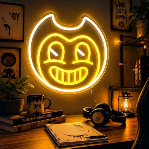 Image of Horror Game Cartoon Bend Neon Sign Yellow White Machine LED Neon Light for Wall Decor, USB Powered Neon for Game Room Man Cave Party, Aesthetic Neon Sign Gift for Teens
