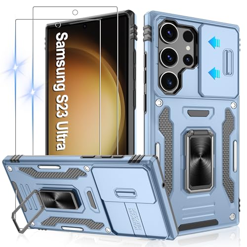 Gritup for Samsung Galaxy S23 Ultra Case with 2-Pack HD Screen Protectors and Slide Camera Cover，14FT Military Grade Drop Protection，Car Mounted Magnetic Rotate Kickstand，Cover-S23 Ultra, Light Blue - image 1