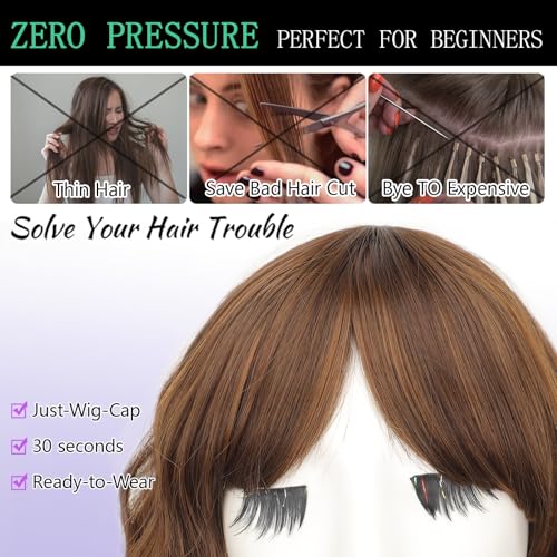 Image of AISI HAIR Synthetic Wavy Curly Bob Wig with Bangs Brown Highlight Short Hair for Women Synthetic Heat Resistant Bob Wigs