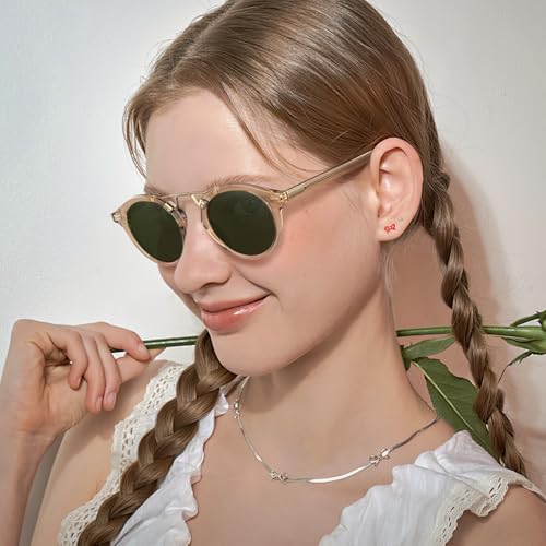 Image of CARFIA Small Face Acetate Polarized Sunglasses for Women UV Protection, Retro Double Bridge Eyewears Metal Brow Round Sunnies