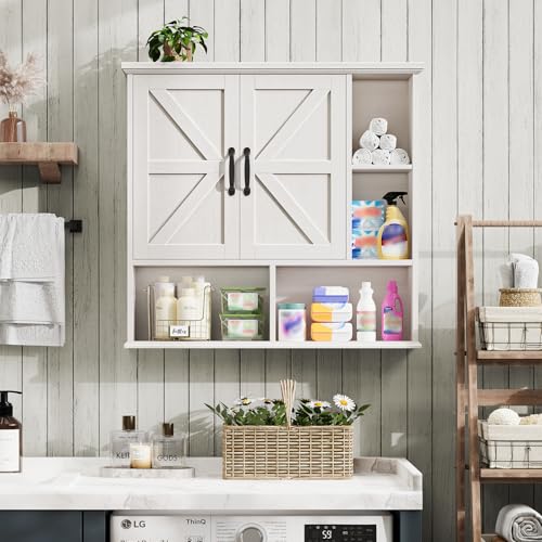 Image of Bathroom Wall Cabinet, Farmhouse Medicine Cabinet with Doors, Rustic White | Over The Toilet Storage Cabinet with Double Barn Door and Adjustable Wood Shelf for Wall Mounted for Bathroom Laundry Kitchen