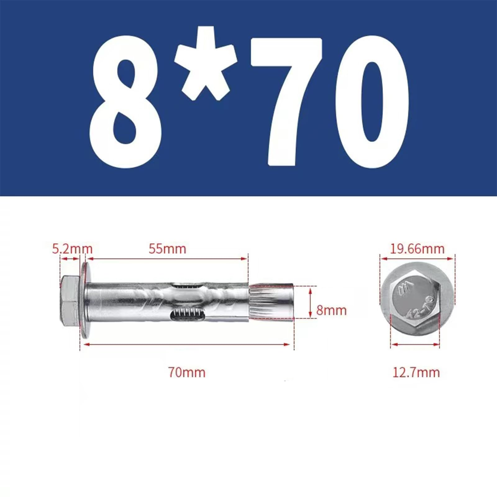 M8*70MM Expansion Bolts in 5 Packs,Expansion Screw Bolts,Heavy Duty Fixing Anchor,Stainless Steel Hex Expansion Screws - Image 2