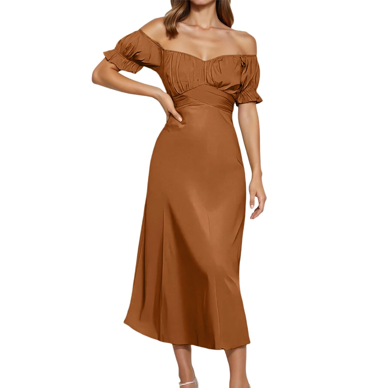 Vestido de satén para mujer, hombros descubiertos, elegante, vestido de verano, manga abullonada, vestido midi festivo con mangas de mariposa y ranura, cintura alta, vestido de cóctel