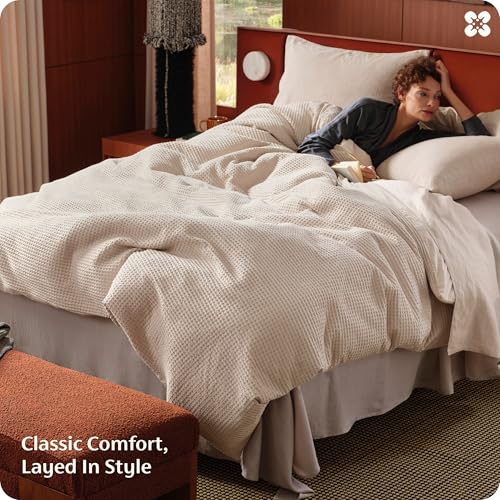 Image of Bedsure Cotton Duvet Cover King Size - 100% Cotton Waffle Weave Beige Duvet Cover, PureWoven Textured Breathable Bedding Comforter Cover for All Season, 1 Duvet Cover Only 104 inchx90 inch