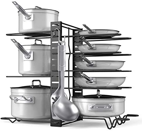 Devan Pots and Pans Organizer Adjustable 8+ Pots and Pans Oragnizer, Kitchen Counter and Cabinet Pot Lid Holder with 3 DIY Methods (6 Hooks Included)