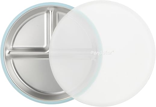 PandaEar 3 Pack Stainless Steel Baby Suction Plates, Divided Toddler Plate for Baby Led Weaning Supplies, Non-Slip Toddler Baby Feeding Set Dishwasher Safe (Blue/Green/Brown, with Lids)