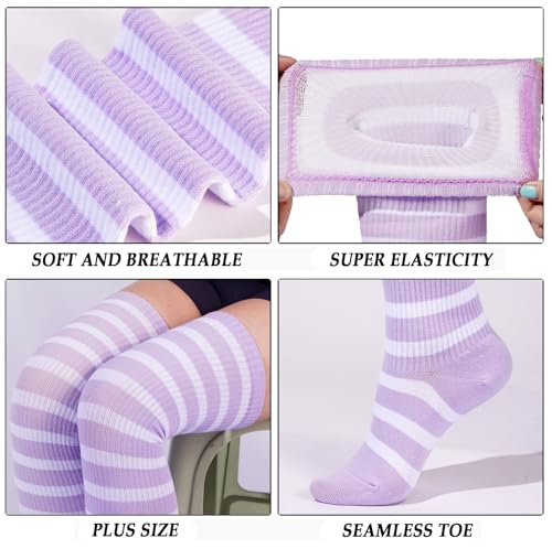 Image of Moon Wood Plus Size Thigh High Socks for Women Knit Cotton Extra Long Striped Over the Knee High Socks Leg Warmers