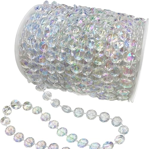 99ft Crystal Beads Garland Strand Iridescent Clear Acrylic Diamond Beads String Roll for Crafts Beaded Curtains Wedding Party Decorations Plastic Crystal Garland for Christmas Tree Ornaments
