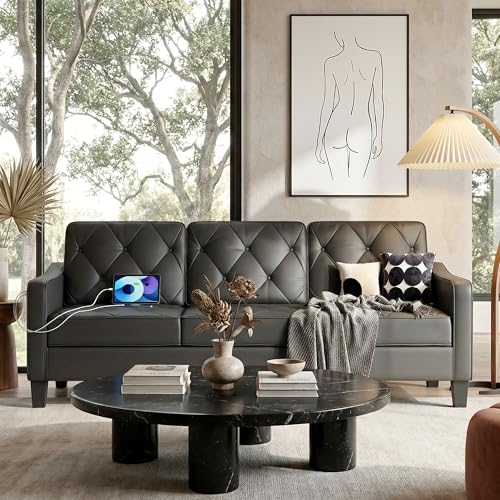 Image of STHOUYN Living Room Furniture Set USB Charging Port, 3-Piece Sofa Set with 2 Accent Chairs & 3-Seat Couch, Black Faux Leather Couch Diamond Tufting, Modern Living Room Sets Home & Office