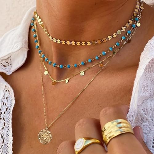 Gold Layered Necklace for Women Summer Boho Layered Stacked Pendant Necklace Country Concert Necklace Turquoise Coin Long Necklace3