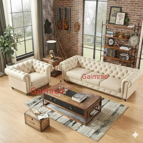 Image of Classic Leatherette Chester Sofa Set Button Tufted, Classic Style Sofa Set 3-Person Sofa for Living Room, Office, and Hallway Colour (Off-White Leatherette, 3+2+1=6 Seater Sofa)