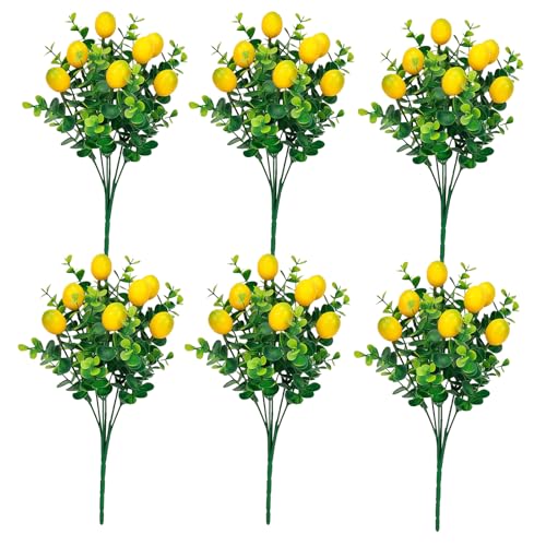 Qiknird 6 Pcs Artificial Lemon Branches Small Artificial Fruit Lemon Tree Greenery Decoration Faux Lemons Picks for Farmhouse Kitchen Home Table Decor Stem Fruits for Home Spring Summer Decor