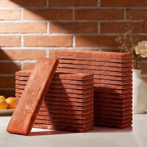Maasechs 30 Pcs Red Thin Wall Brick Veneers 8 x 2.4 Inch Faux Brick Tiles for Kitchen Backsplash Fireplace 3D Textured Plaster Wall Panels DIY Indoor Decor for Living Room TV Background