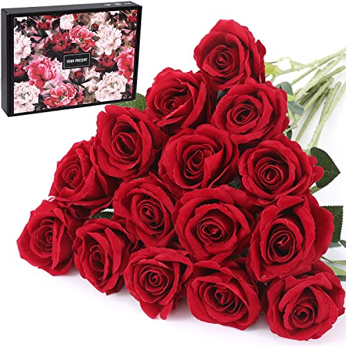 Cloudecor 15Pcs Fake Roses Velet Roses Long Stem Artificial Flowers Silk Flowers for Home Wedding Decoration (Round Roses,Dark Red)