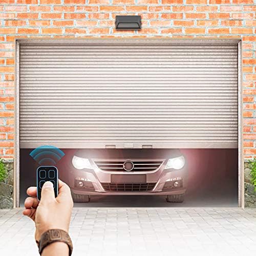 Hand holding XIHADA remote, opening a garage door