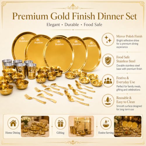 Image of 42 Pcs Stainless Steel Dinner Set Gold PVD with 6 Thali 12 Bowls 6 Halwa Plates 6 Glasses 6 Spoons 6 Forks for Home Dining and Gifting