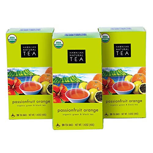 Image of Hawaiian Natural Tea Passion Fruit Orange Flavored Organic Tea - Tropical Fruit Green Tea Blend with Black Tea - Perfect Daily Cup & Gift for Tea Lovers - 60 Tea Bags