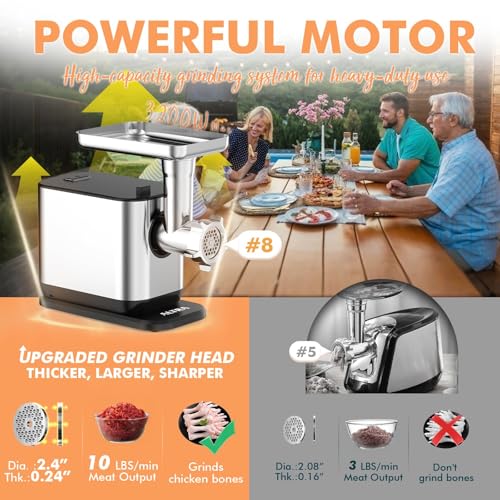 Image of ALTRA LIFE Electric Meat Grinder, 3200W Max Heavy Duty Sausage Stuffer, Rotary Cheese Grater with 3 Interchangeable Blades, 2 Blades, 3 Plates, 4 Sausage Tube, Kibbe, Burger Press & Meat Claw for Home