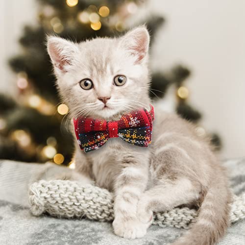 Dog Cat Collar and Bandana Set Pet Christmas Collar Classic Plaid Snowflake Adjustable Collars with Bow and Triangle Bibs Kerchief，Red Snowflake + Bandana