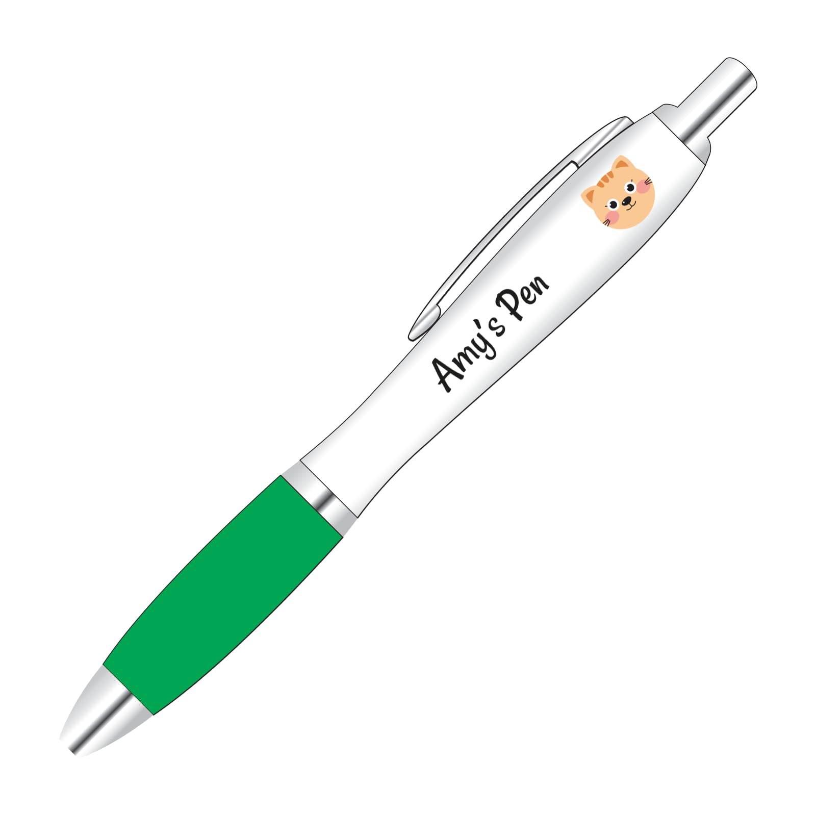 Personalised full colour printed cat design pen with custom name or short message and a green coloured grip. โ image 1
