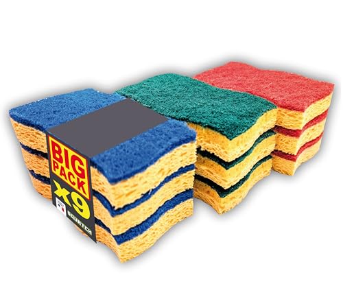 SQUATCH® KIT CUİSİNE | Lot de 9 éponges de Cuisine | Big Pack économique | Bleues Soft + Vertes Multi-usages + Rouge Power | Cellulose Origine végétale...