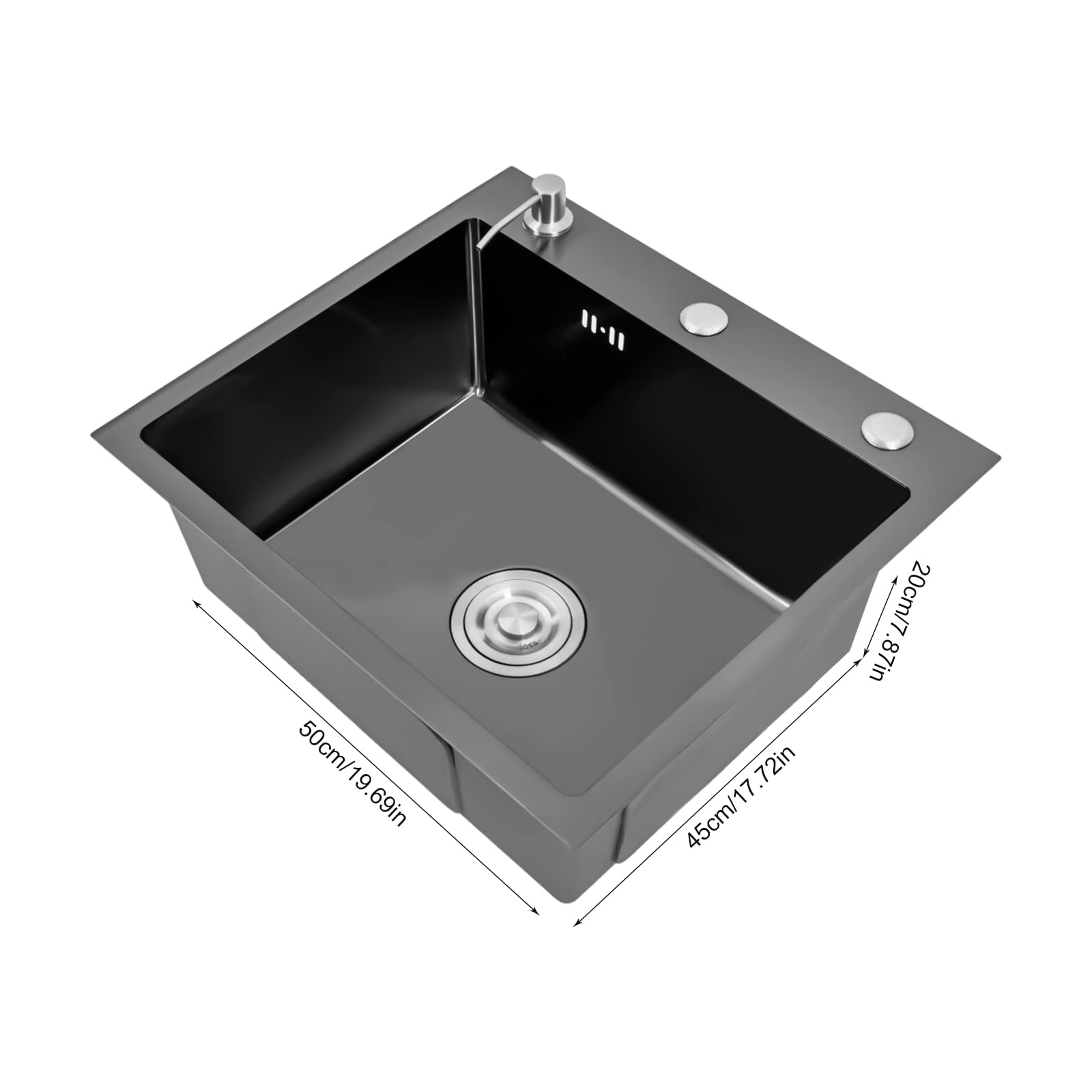 Fregadero de acero inoxidable, 50 x 45 cm, negro, con dispensador de jabón, escurridor, para cocina, baño, laboratorio, restaurante