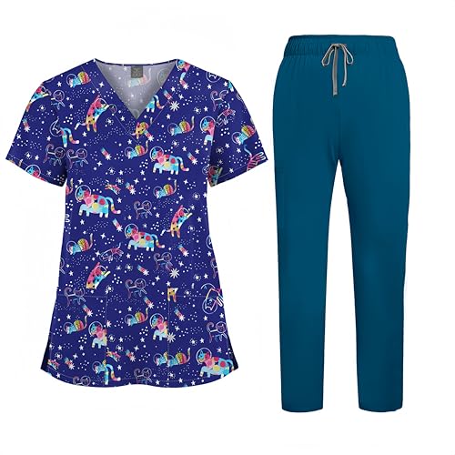 Aylashine Printed Scrubs for Women, Nurse Uniform,Medical Proffesional V Neck Short Sleeve Stretch Functional Workwear Purple Cat (XL)