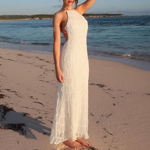 Women Backless Dress Sleeveless Textured Halter Open Back Maxi Dresses Vacation Wedding Guest4