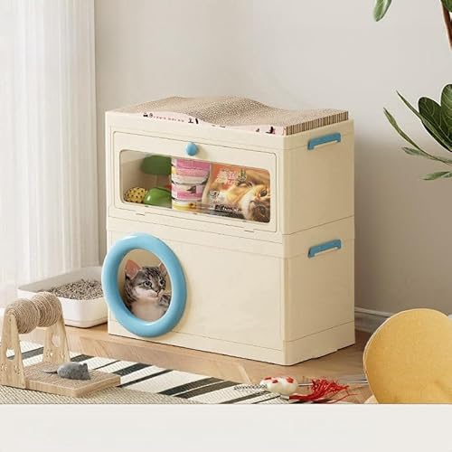 猫 ハウス ペットハウス 猫爪とぎダンボール付き キャットハウス ペット用収納ボックス 猫用おもちゃ収納ケース 2段式 透明窓付き収納棚 収納ボックス 2点/3点セット 猫の缶詰収納 ペット用品 猫用 つめとぎ ダンボールハウス 猫ベッド 猫ソファー経済