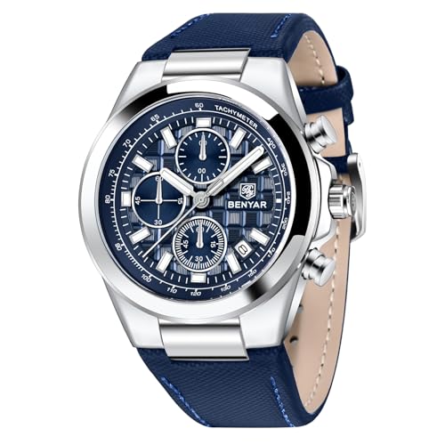 BENYAR Quartz Movement Chronograph 30M Waterproof Luminous Date Classic Leather Strap Men's Watches(Silver Blue)