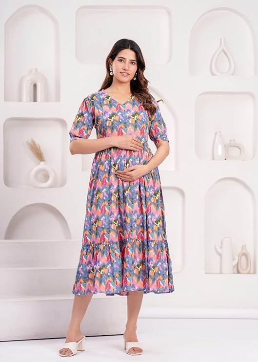Image of Women Feeding Kurti for Women Cotton Maternity Kurta with Nursing Zip for Pre & Post Pregnancy