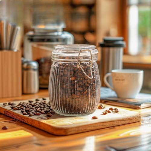 Image of ginoya brothers Airtight Glass jar with lid Storage Containers,Glass Canister, Mason Jars, Small Striped Clip Fastening Jar for Kitchen Canning, Overnight Oats, Pickle, Spice. (3, 750 ML)