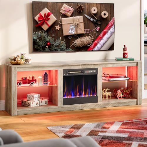 Bestier 63 Inch Modern Fireplace TV Stand for TVs up to 70', LED Entertainment Center with 18' Electric Fireplace Media Console for Living Room with Glass Shelves, Grey